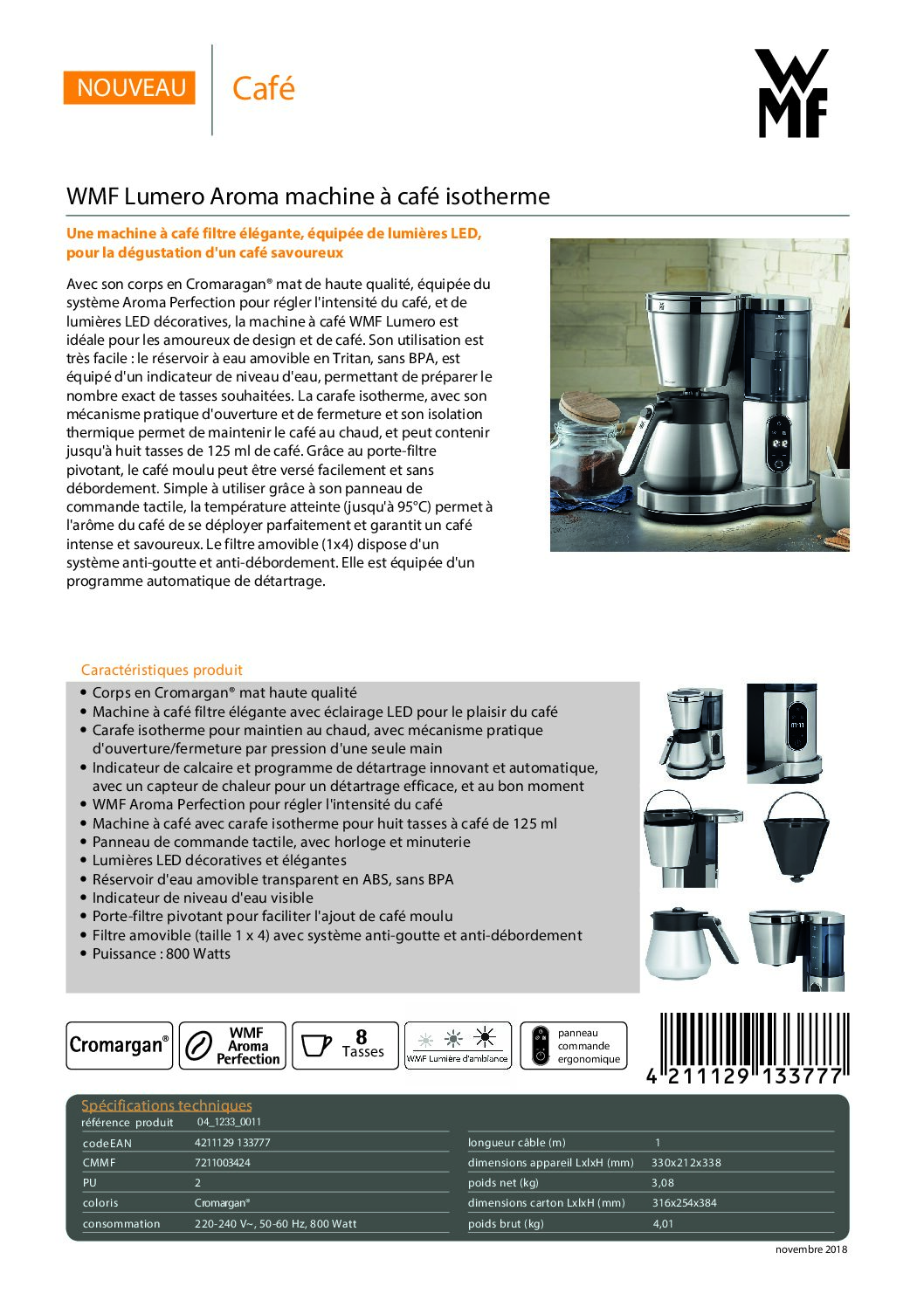 Lumero Cafetière filtre isotherme électrique programmable 8 tasses